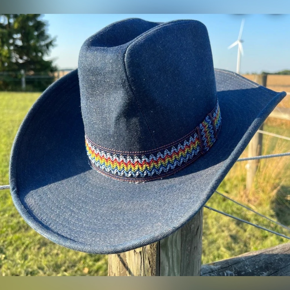THE DUKE COLLECTION DENIM Blue Cowboy Hat with Multicolor Band Unisex Size